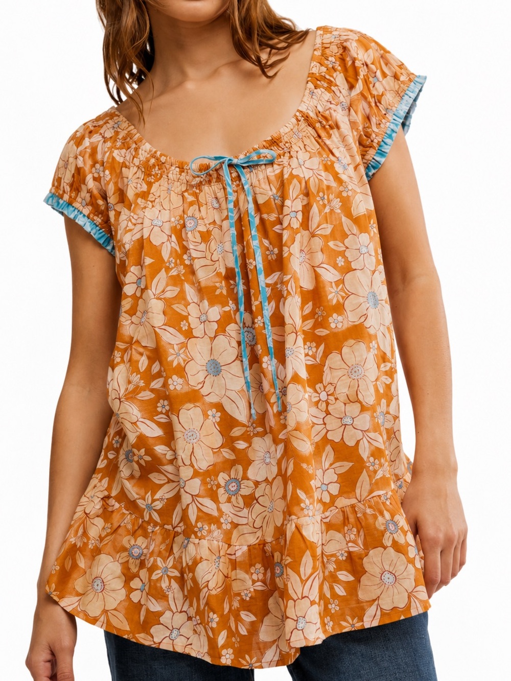 FREE PEOPLE Frankie Floral Printed Tunic-Honey Ginger Combo Boho Top-Size XS NWT